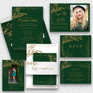 Emerald Green Gold Leaf and Calligraphy Photo Save The Date