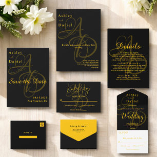 Minimal Black And Gold Monogram Delicate Wedding Invitation