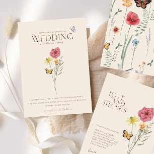 Whimsical Pink Yellow Wildflower Butterfly Wedding Invitation