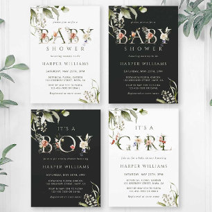 Dark Green Floral Botanical Letter Baby Shower Invitation