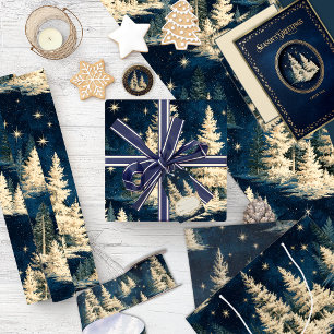 Vintage Christmas Starry Winter Forest Satin Ribbon