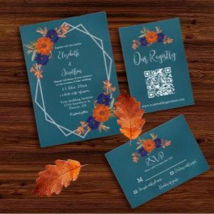 Rustic Autumn Orange Navy Blue Floral Wedding Invitation