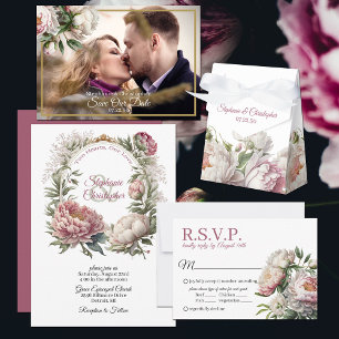 Elegant Pink White Floral Peonies Wedding Invitation