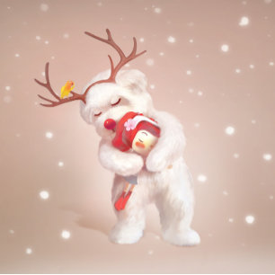 Girl Hugging Dog in Reindeer Antlers Card