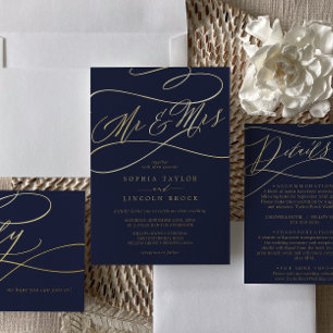 Romantic Gold Foil   Navy Blue Mr & Mrs Wedding