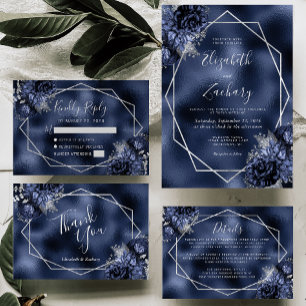 Invitation Mariage à huile bleu marine Floral Argent Frame Fa