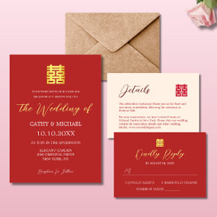 Simple red beige modern Chinese wedding Invitation