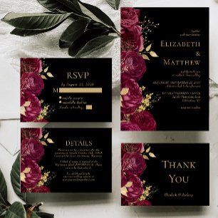 Romantic Burgundy Black Gold Floral Wedding Invitation