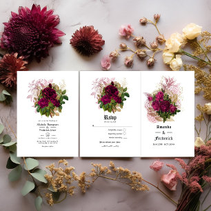 Blush Burgundy Gold Shabby Floral Wedding QR Code Invitation