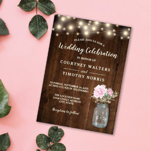 Rustic Wood Pink Peony Floral Mason Jar   Wedding Invitation