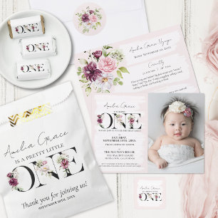Pretty Blush Floral ONE Baby Girl's First Birthday Invitation