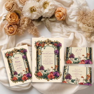 Gold Purple Vintage Floral Wedding Save The Date