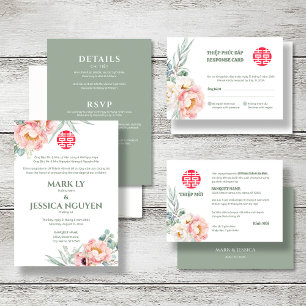 Bilingual Vietnamese Peony Song Hy Wedding Invitation
