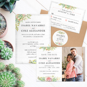 Save The Date Watercolor Succulent 4-Photo Card