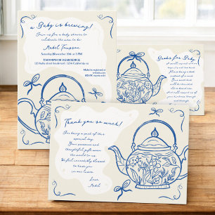 Retro blue chic bows teapot books for Baby shower Enclosure Card
