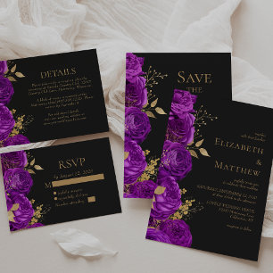 Romantic Purple Gold Dark Floral Wedding Invitation