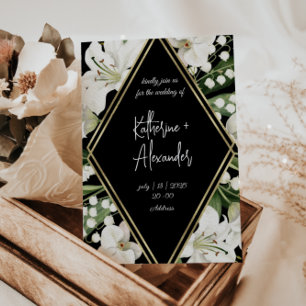 Noir floral mariage Lily Invitation classiques Or