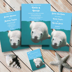 Navy Blue Underwater Aqua Sea Lion Coastal Wedding Invitation