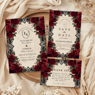 Dark Romance Red Rose Gothic Elegant Wedding Save The Date