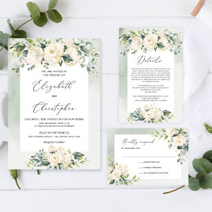 Invitation Aquarelle d'eucalyptus blanc roses elopée
