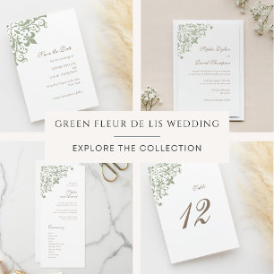 Save The Date Régence Française Vert Fleur de Lis Mariage Motif