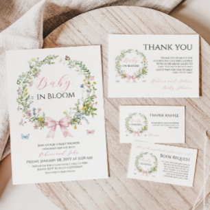Carte D'accompagnement Boho Baby in Bloom Pink Bow Baby shower Demande