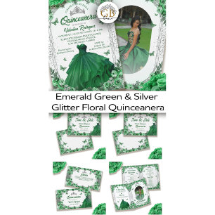 Photo Green Silver Glitter Floral Quinceanera Program