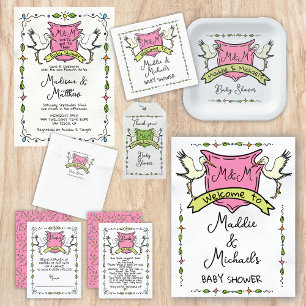 Hand drawn Stork Crest Baby Shower Square Sticker