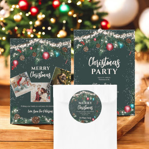 Festive Christmas lights pine branches snow green Invitation