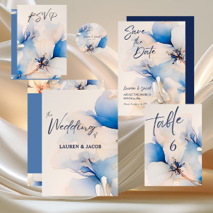 Modern Blue Floral Blossom Wedding Thank You Card