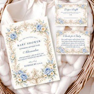 Dusty Blue Rose Baroque Baby Shower Napkin