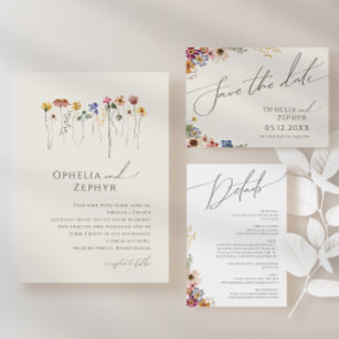 Colourful Wildflower Beige Monogram Photo Wedding  Invitation