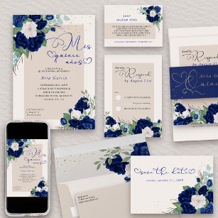 Cartons Réponse Royal Blue et ivoire Rose Élégant floral