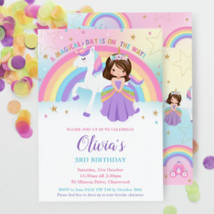 Invitation Cute Black Hair Princess Unicorn Rainbow Anniversa