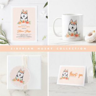 Watercolor Siberian Husky Peach Flowers Birthday Thank You Card
