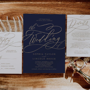 Romantic Gold Calligraphy   Navy The Wedding Of Invitation