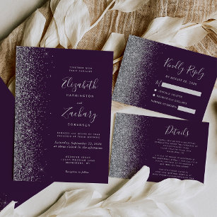 Modern Dark Purple Silver Glitter Edge Wedding Invitation