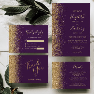 Modern Dark Purple Gold Faux Glitter Edge Wedding Invitation