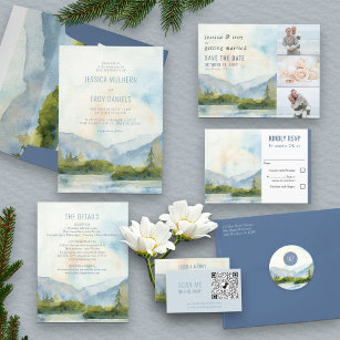 Mountain Lake Watercolor Pine Tree Wedding Invitation