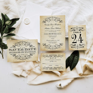 Vintage Rustic Black Flourish Parchment Wedding Table Number