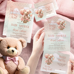 Teddy Bear Balloons Girl Bearly Wait Baby Shower Invitation