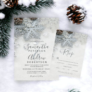 Winter wonderland silver snow typography wedding invitation