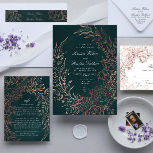 Editable Emerald Flower Wreath Copper Foil Wedding Invitation
