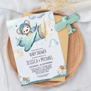 Teddy Bear Airplane   Baby Shower by Mail Invitation