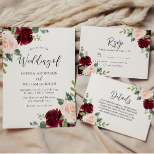 Burgundy & Blush Flowers Glitter Wedding Invitation