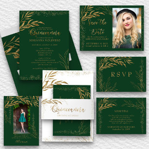 Quinceanera and Mass Elegant Green and Gold Leaf Invitation