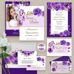 Purple Rose Elegant Gold Leaf Quinceanera and Mass Invitation