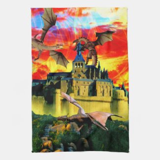 Fantasy caslte and dragon horde kitchen towel