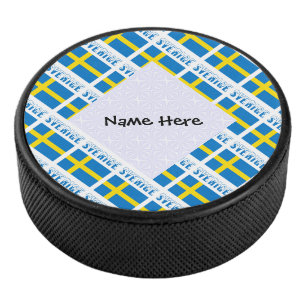 Sverige Svenska Flagge Tiled Personalized Name  Hockey Puck