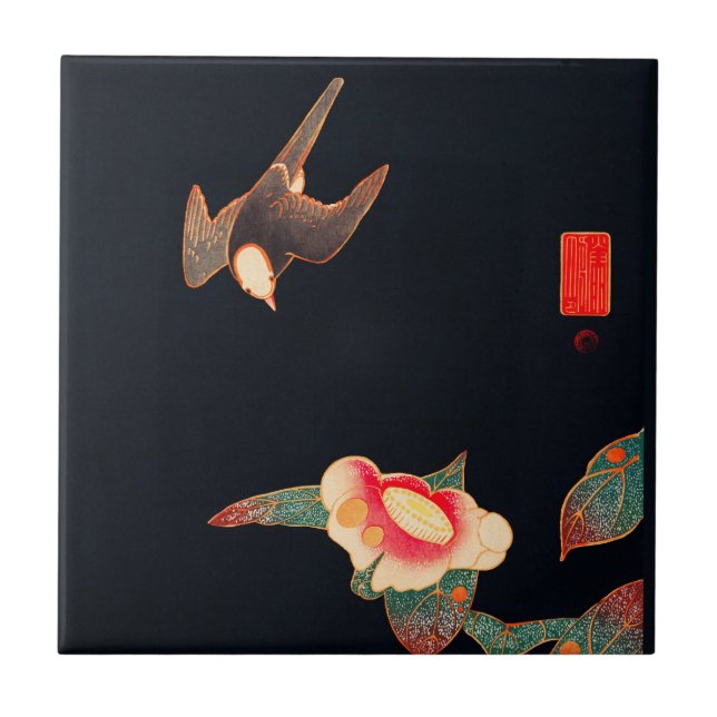 Swallow and Camellia Flower Vintage Bird Japanese  Tile (Front)